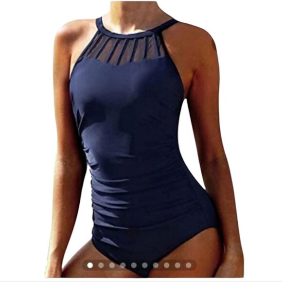 Holipick Navy Blue High Neck Mesh One-Piece Swimsuit - Picture 1 of 3